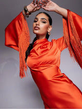 Draped Neck Fringe Sleeve Satin Maxi Dress