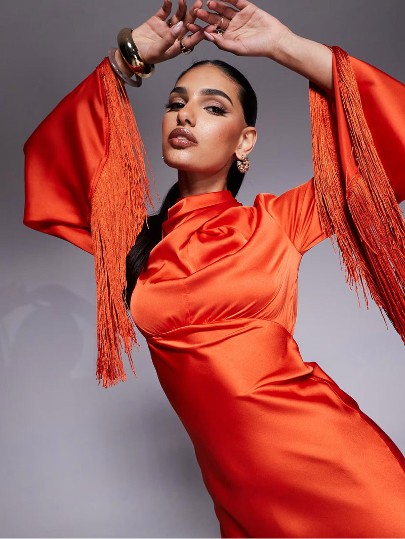 Draped Neck Fringe Sleeve Satin Maxi Dress