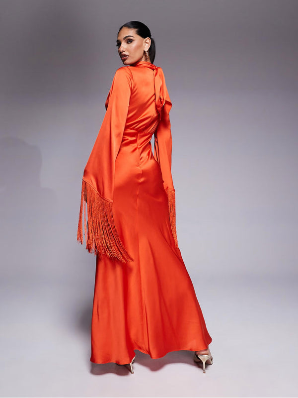 Draped Neck Fringe Sleeve Satin Maxi Dress
