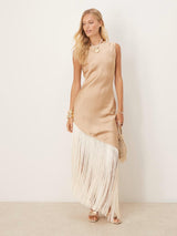 Asymmetric Fringe Criss Satin Maxi Dress