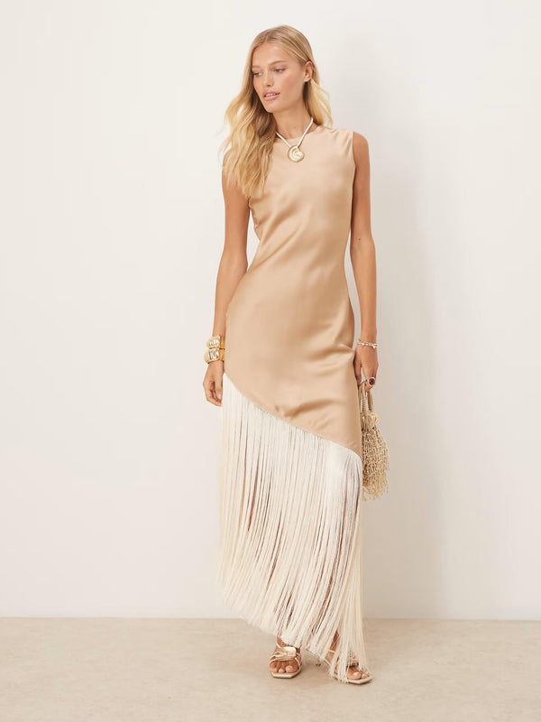 Asymmetric Fringe Criss Satin Maxi Dress