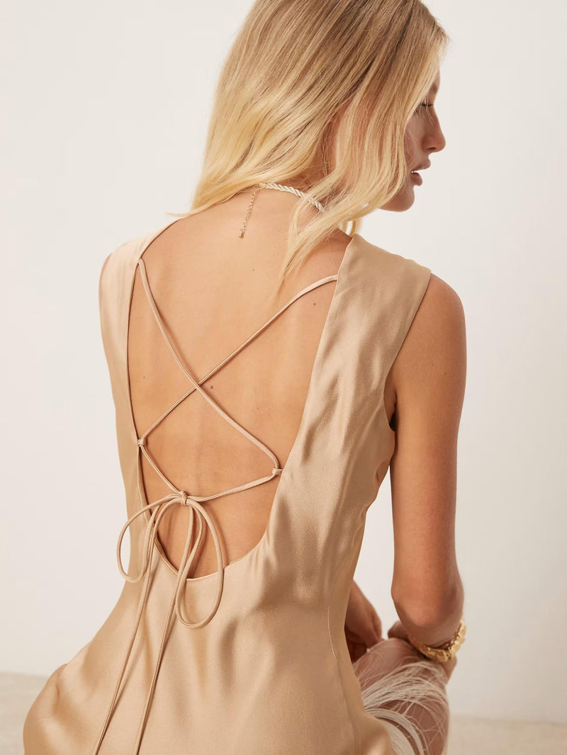 Asymmetric Fringe Criss Satin Maxi Dress