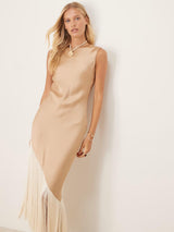 Asymmetric Fringe Criss Satin Maxi Dress