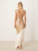 Asymmetric Fringe Criss Satin Maxi Dress