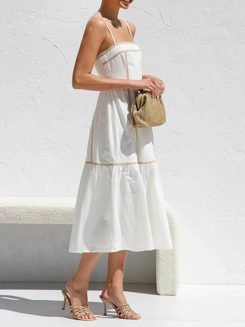 Kontrast Renkli Şeritli Ayarlanabilir Askılı Midi Elbise