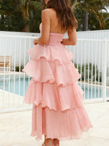 Şık Askısız Sırt Dekolteli Katmanlı Midi Elbise