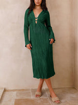 Mountain Vistas Dökümlü Pileli Çan Kol Midi Elbise