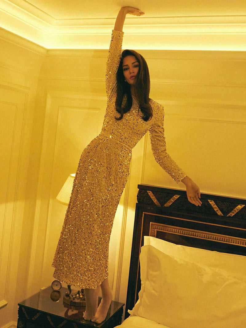 Bej Payet Desenli Kadife Midi Elbise