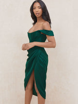 Kap Omuz Korse Bodycon Midi Elbise - Koyu Yeşil