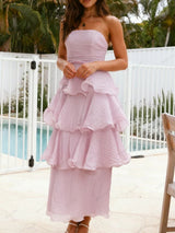 Şık Askısız Sırt Dekolteli Katmanlı Midi Elbise