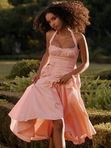 Barbie Pembe Sırt Açık Halter Midi Elbise