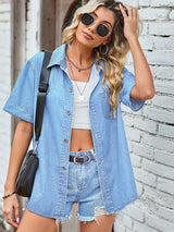 Dar Kesim Hafif Denim Kısa Kollu Gömlek