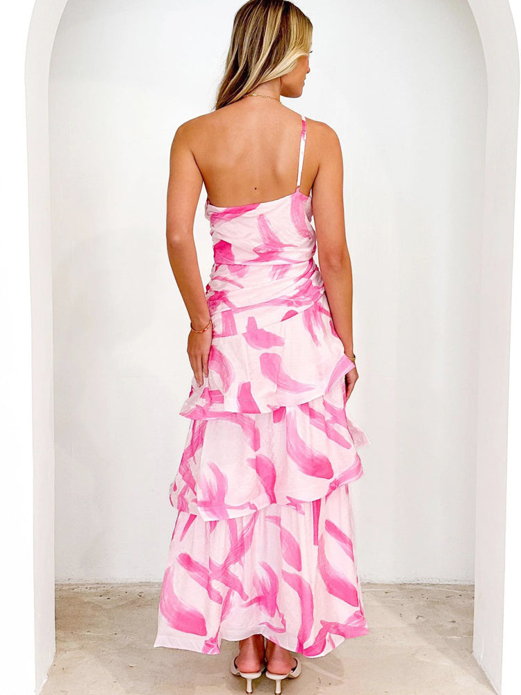 Tek Omuzlu Askılı Çiçek Desenli Elbise