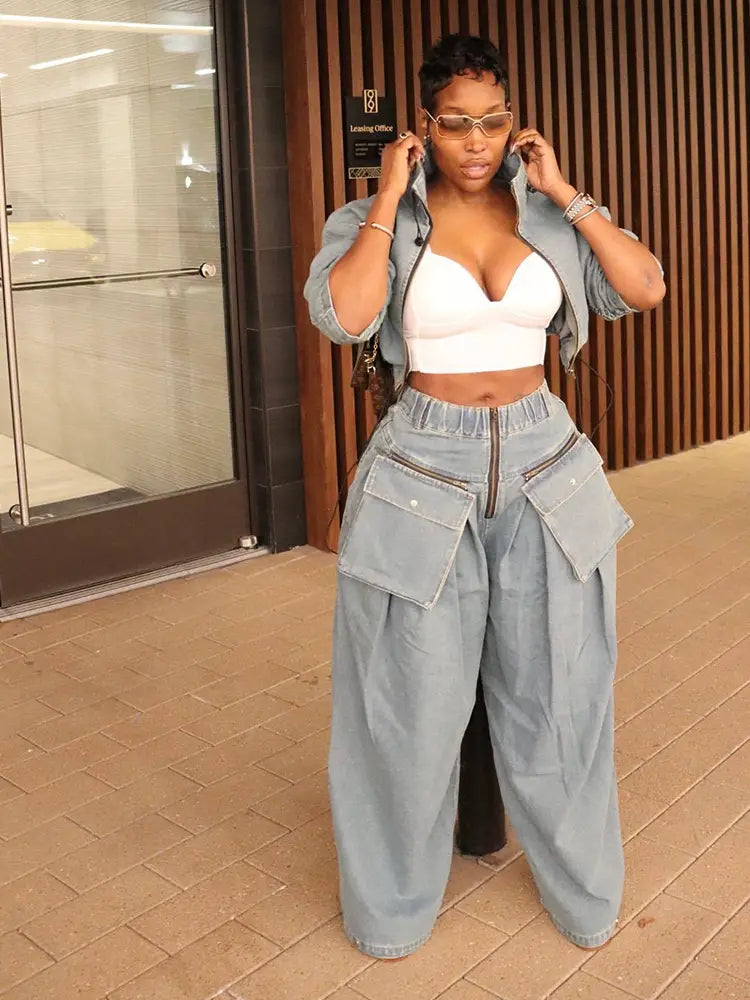 Vintage Geniş Paça Denim İkili Takım