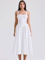 Beyaz Sırt Açık Halter Midi Elbise