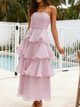 Şık Askısız Sırt Dekolteli Katmanlı Midi Elbise