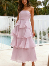 Şık Askısız Sırt Dekolteli Katmanlı Midi Elbise