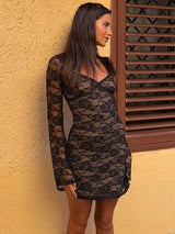 Dantel Desenli U Yaka Uzun Kollu Mini Elbise