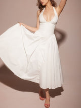 Beyaz Pamuklu Boyundan Bağlamalı Midi Sundress