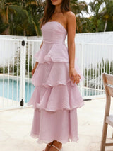 Şık Askısız Sırt Dekolteli Katmanlı Midi Elbise