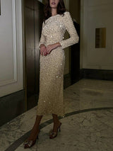 Bej Payet Desenli Kadife Midi Elbise