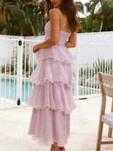 Şık Askısız Sırt Dekolteli Katmanlı Midi Elbise