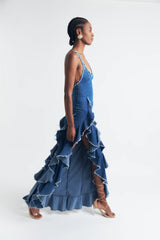 Bohemian Style Ruffled Denim Maxi Dress