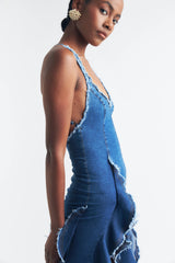 Bohemian Style Ruffled Denim Maxi Dress