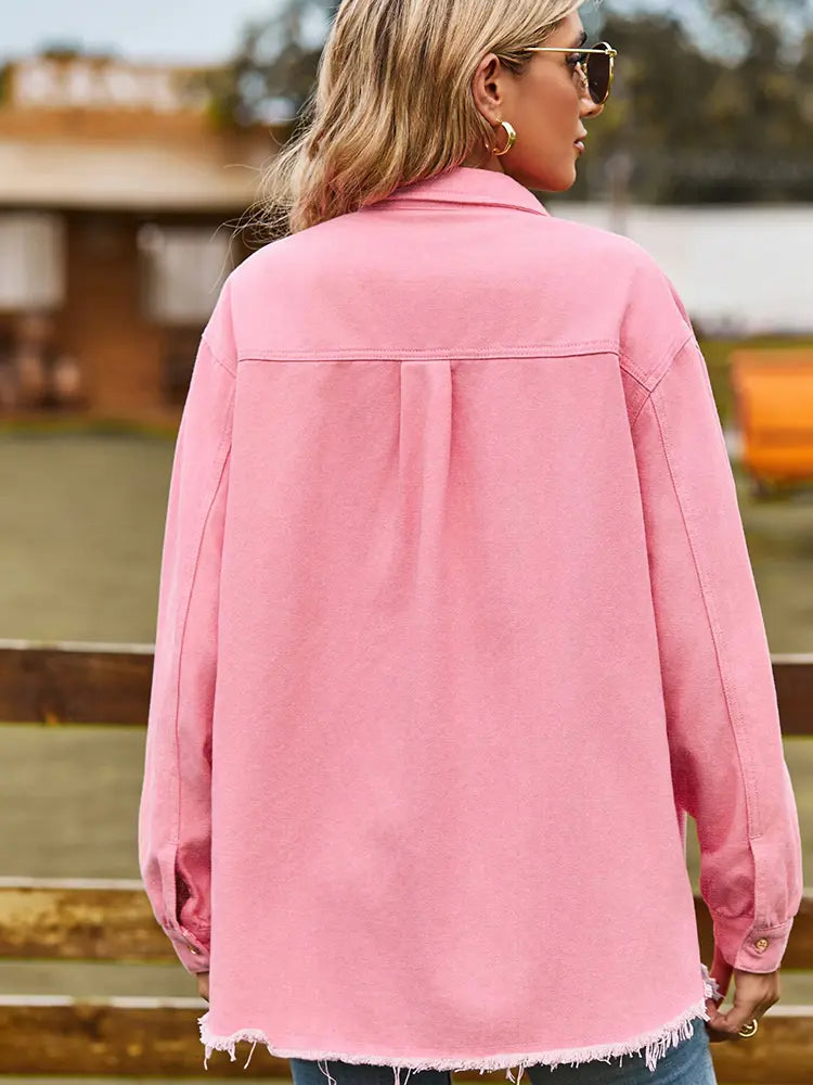 Yıpranmış Kenar Yıkanmış Denim Fringeli Gömlek