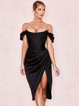 Kollu Korse Bodycon Midi Elbise - Siyah