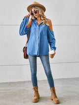 Yıkanmış Omuz Kesik Dantel Bağcıklı Kot Gömlek