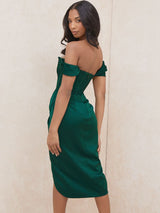 Kap Omuz Korse Bodycon Midi Elbise - Koyu Yeşil