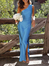 Mizaç Dar Kesim Tek Omuzlu Bölünmüş Saten Elbise