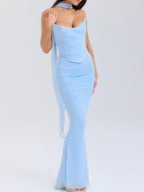 Mavi Straplez Korsaj ve Kravatlı Yüksek Bel Etek Takımı