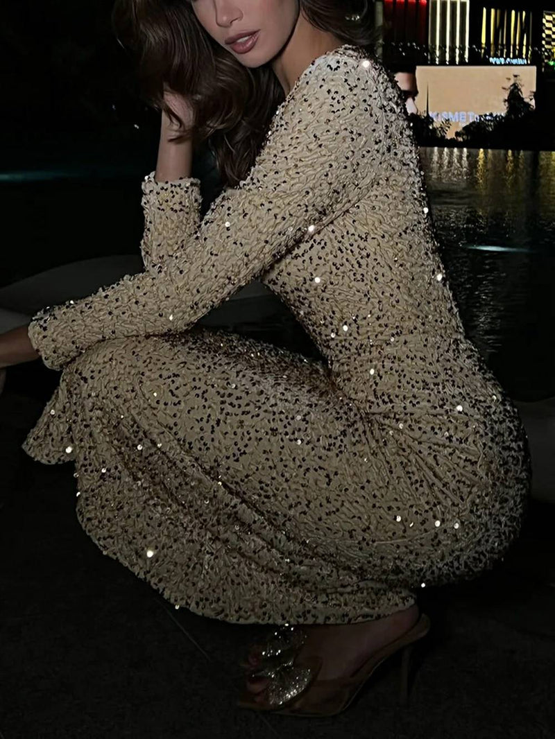 Bej Payet Desenli Kadife Midi Elbise