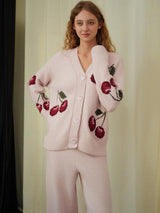 Yumuşak Yarım Kadife Kiraz Hırka Pijama Takımı