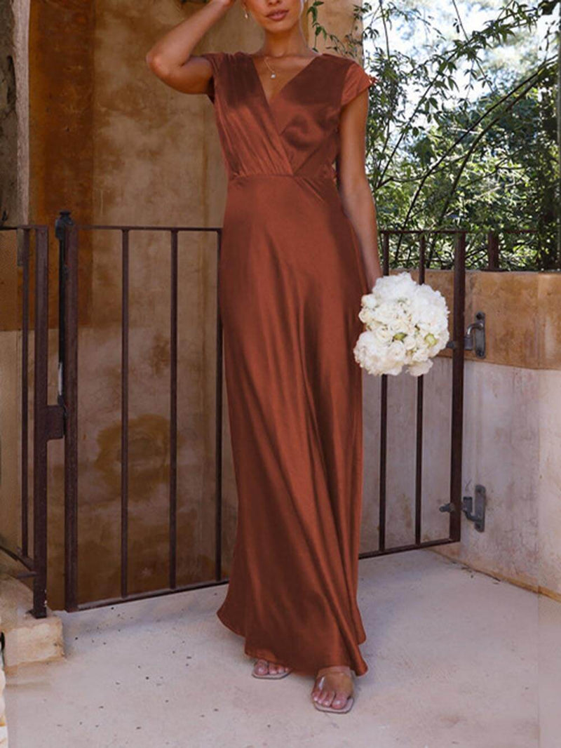 İlkbahar/Yaz Saten Düz Renk V Yaka Balık Kuyruğu Parti Elbise