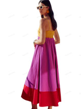 Tatilde Giyilecek Renk Bloklu Spagetti Askılı Elbise