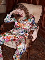 Beyaz Orman Bahçesi Desenli Buz İpek Uzun Kollu Lounge Giyim Seti