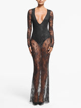 Dantel Kenarlı V Yaka Uzun Elbise