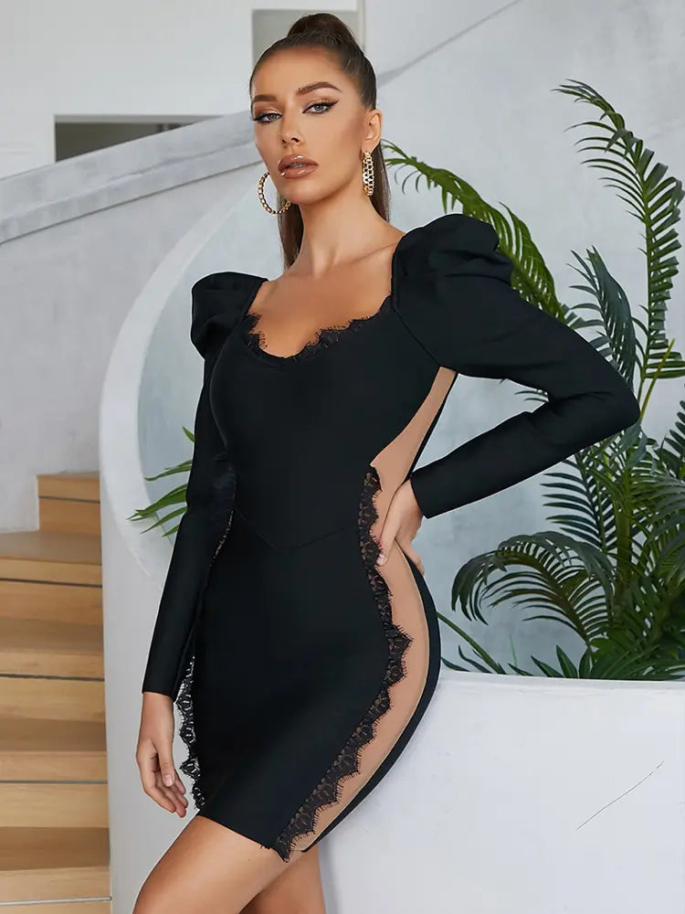 Şık Dantel V-Yaka Parti Elbisesi