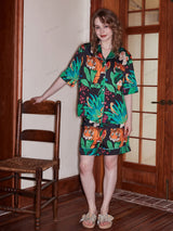 Kaplan ve Maymun Desenli Buz İpek Kısa Kollu Lounge Giyim Seti