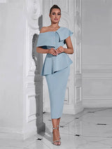 Mavi Volanlı Tek Omuz Elbise