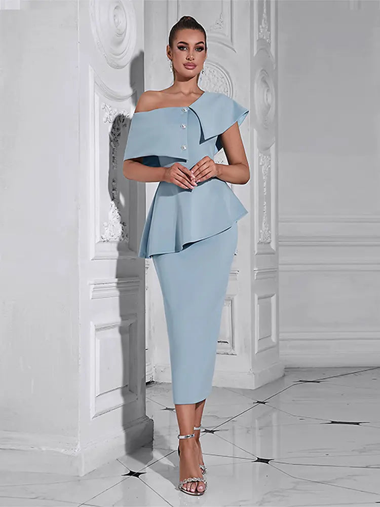 Mavi Volanlı Tek Omuz Elbise