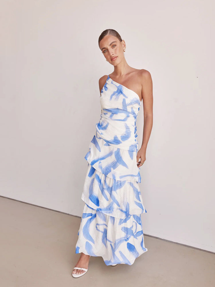 Tek Omuzlu Askılı Çiçek Desenli Elbise