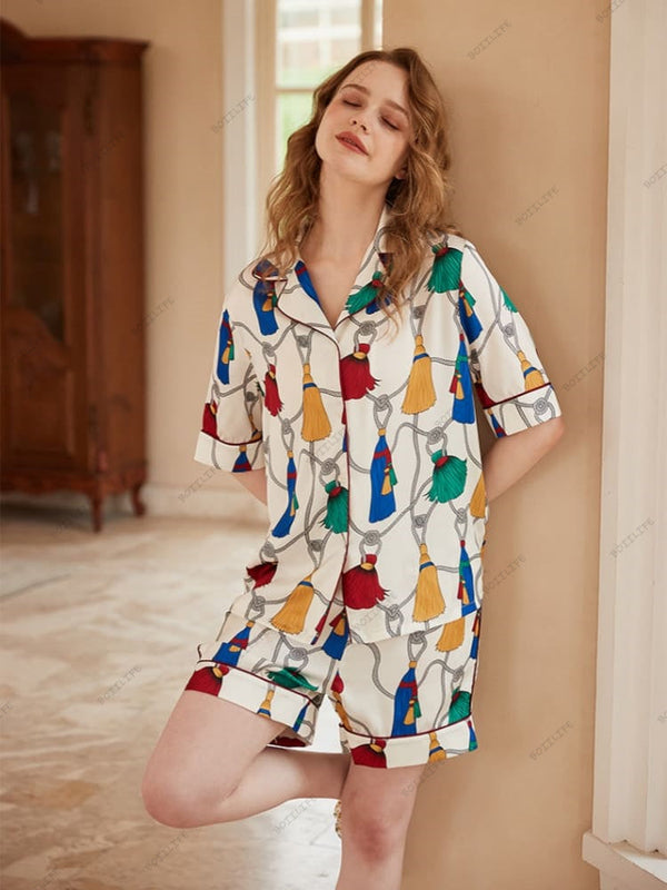 Saçak Desenli Buz İpek Kısa Kollu Lounge Giyim Seti