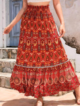 Kırmızı Bohem Büzgülü Yüksek Bel Etek
