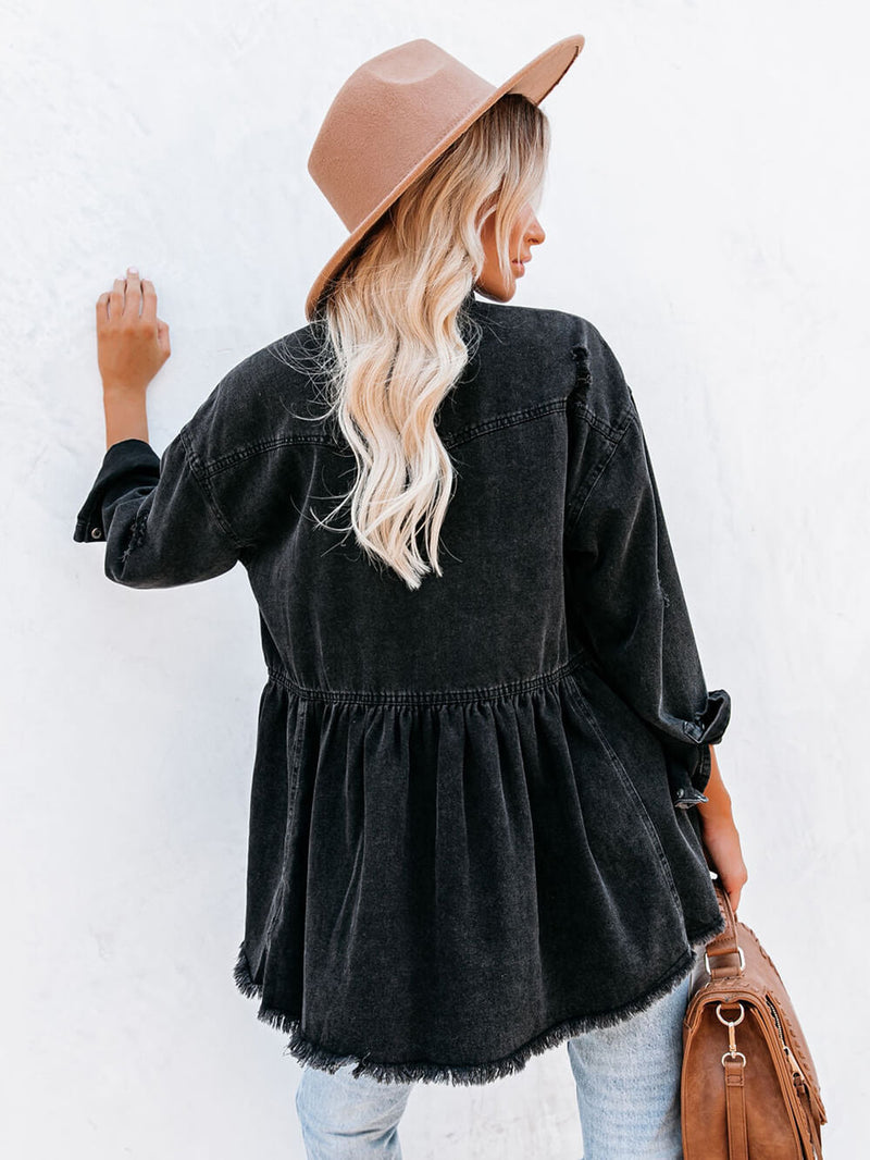 Eskitme Denim Düğmeli Gömlek Ceket