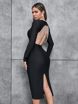 Seksi V-Yaka Fringeli Bandaj Elbise