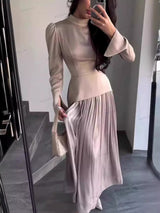 Renk Blok Ekleme Dar Kesim Bağcıklı Uzun Kollu Maxi Elbise